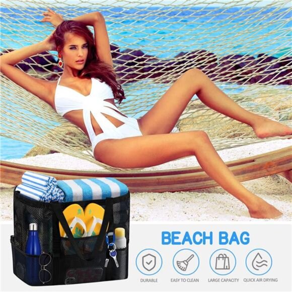 Mesh Beach Bag Tote Bag for Women,Foldable Swim Large Beach Tote Bag with Zipper - Picture 5 of 7
